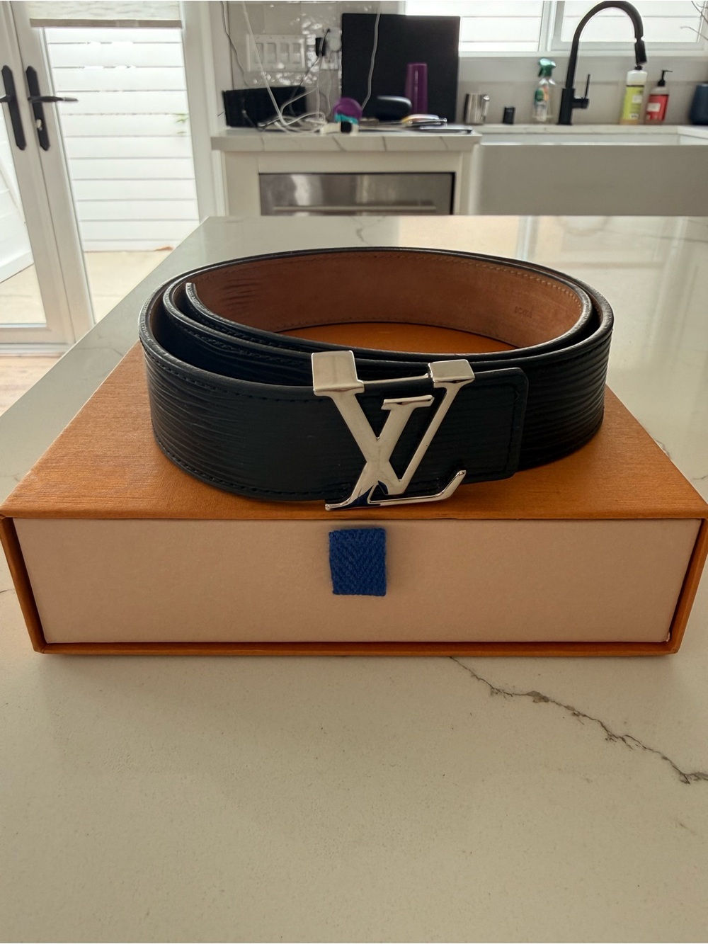Louis Vuitton Black Epi Leather Belt with Silver LV Buckle